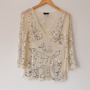 BCBGMAXAZRIA Beige Sequin Sheer Top